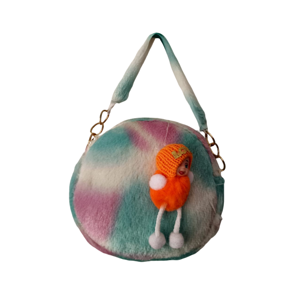 kids round soft fur handbag with doll design