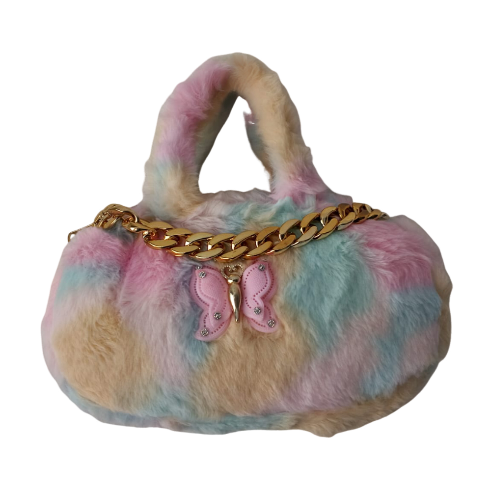 Cute multicolour fur handbag with butterfly and golden chain for kids