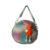 kids round soft fur handbag with doll design