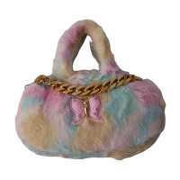 Cute multicolour fur handbag with butterfly and golden chain for kids