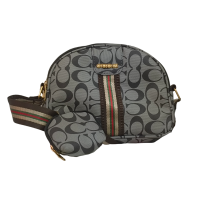 Chic Gray Dome-Shaped Crossbody Bag with Monogram Design and Adjustable Stripe Strap