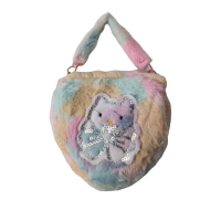 kids multicolor soft fur handbag with cute kitty design