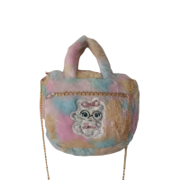 kids cute soft fur handbag with cartoon design  and golden chain